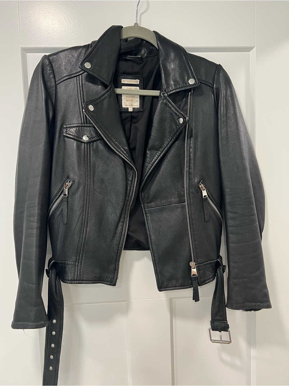 Zara Black Leather Moto Jacket with Belt